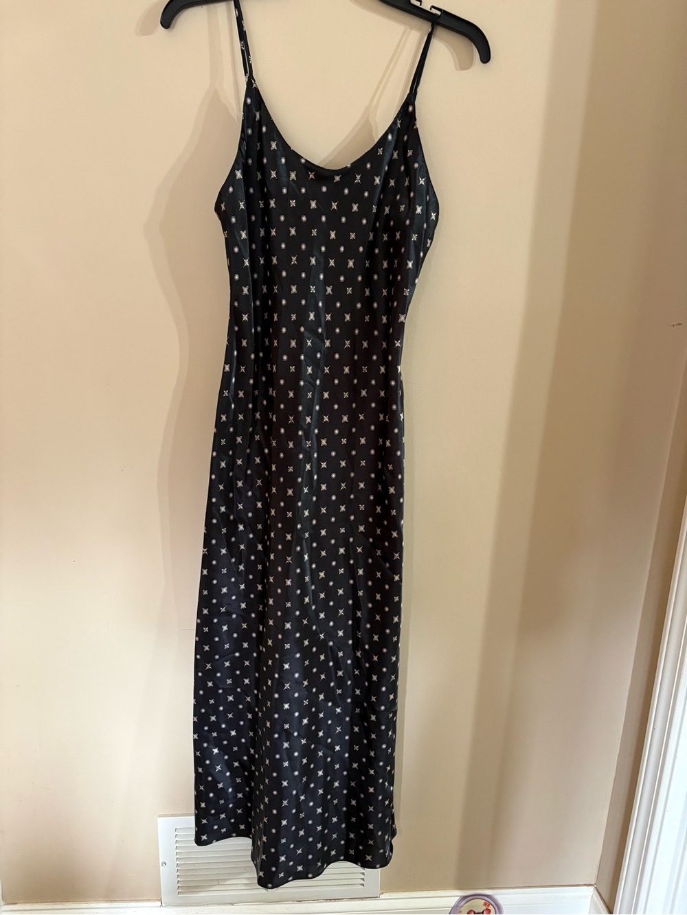 Caique Spaghetti-Strap Lingerie Slip Dress in Black with White Star Print
